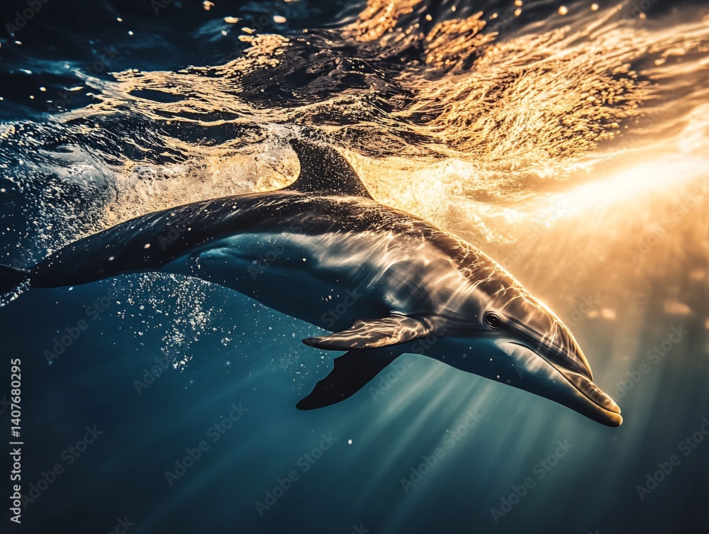 Majestic dolphin swimming gracefully beneath the sunlit ocean surface capturing an awe-inspiring marine moment : Generative AI