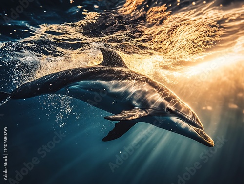 Obraz na płótnie Majestic dolphin swimming gracefully beneath the sunlit ocean surface capturing an awe-inspiring marine moment : Generative AI w salonie
