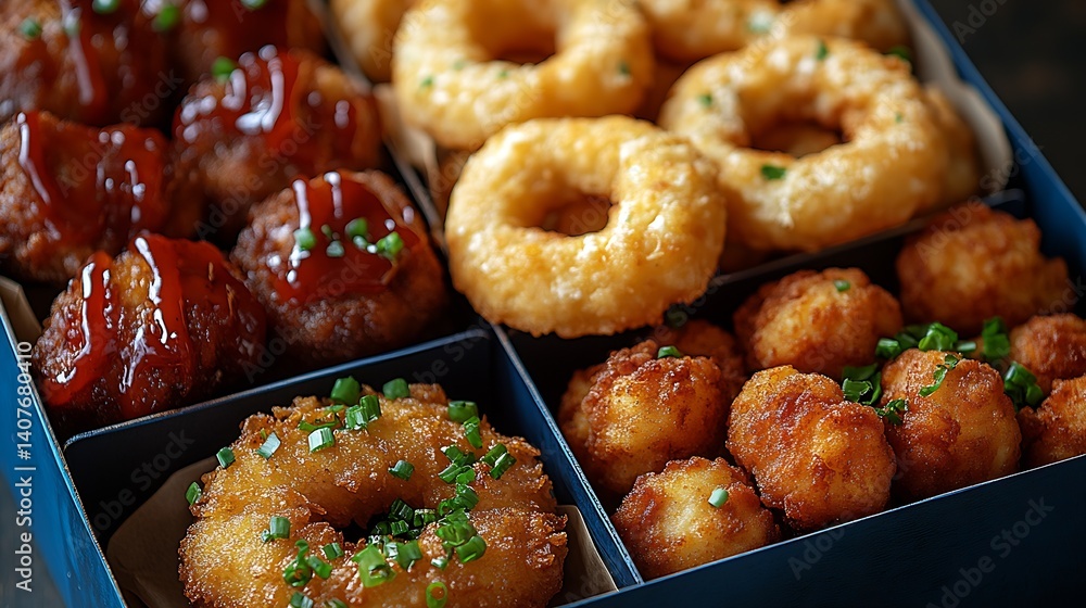 Colorful fried snacks and doughnuts arranged neatly in a blue box with tasty red sauces for dipping : Generative AI