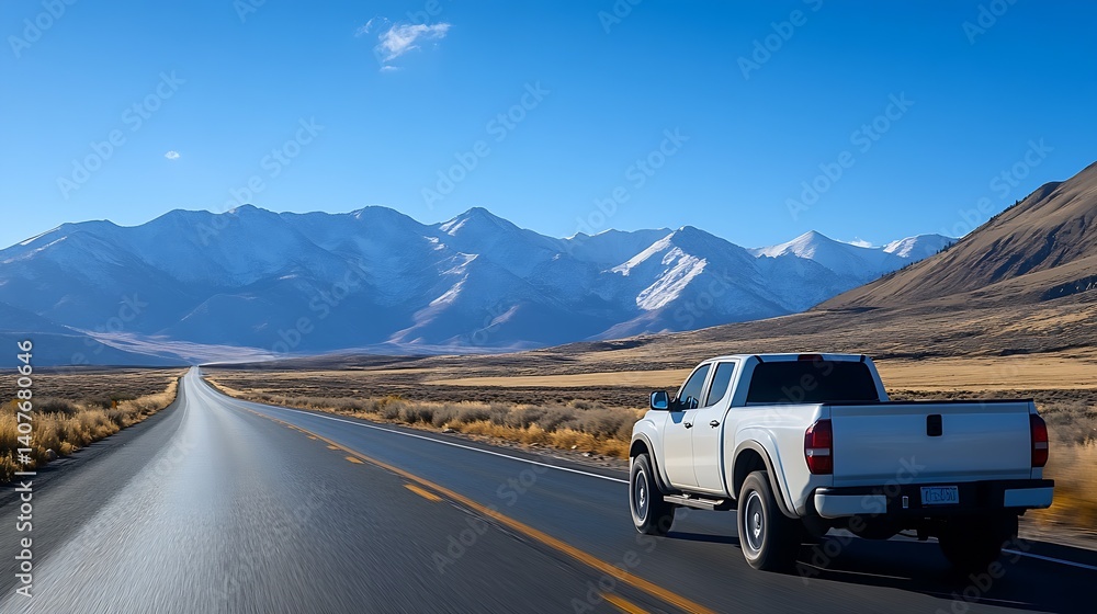 A dynamic shot of a white pickup truck in motion along a wide road with snowcapped mountains in the background : Generative AI