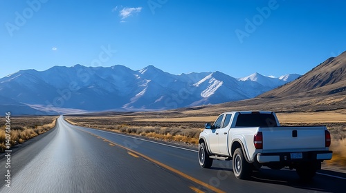 Obraz na płótnie A dynamic shot of a white pickup truck in motion along a wide road with snowcapped mountains in the background : Generative AI w salonie