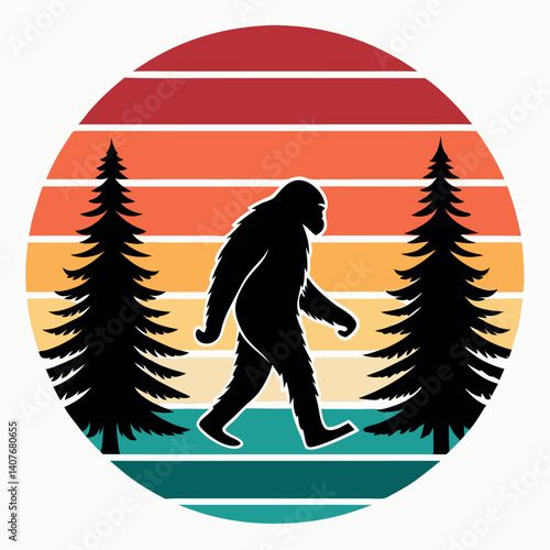 Bigfoot Silhouette Walking Retro Sunset Forest T-Shirt Design.