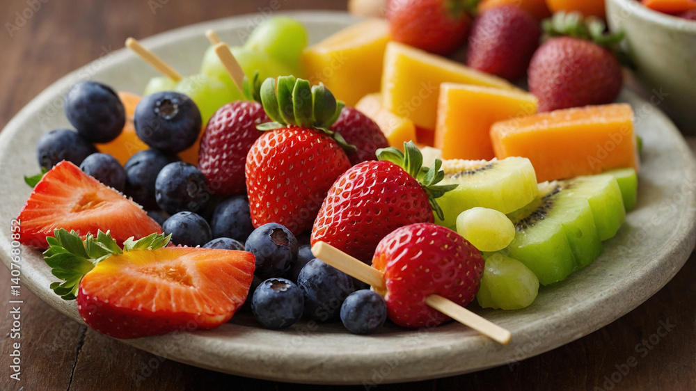 A close-up of fruit and veggie snacks for kids, including fresh fruit kabobs with strawberries, grapes, and melon, paired with a small bowl of hummus and carrot A close-up of fruit and veggie snacks for kids, including fresh fruit kabobs with strawberries, grapes, and melon, paired with a small bowl of hummus and carrot