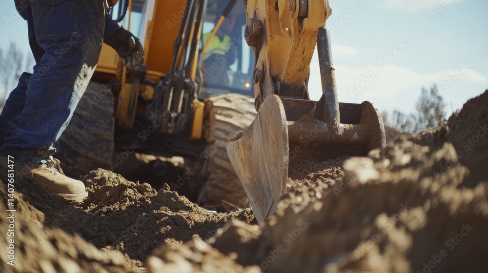 Fototapeta premium Construction worker operating a backhoe for trench digging. Featuring skill and power