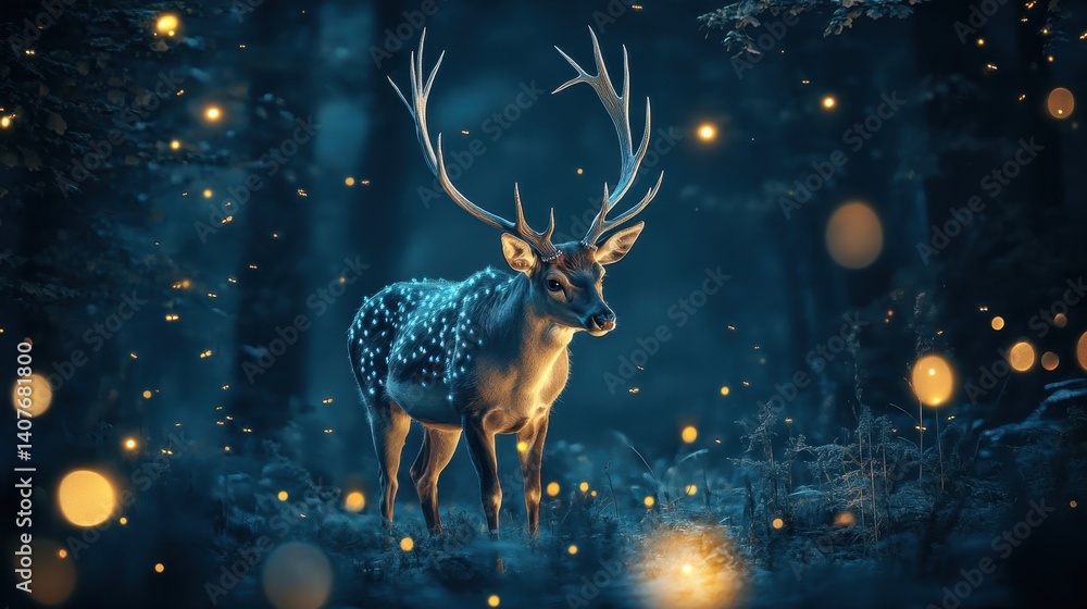 Majestic deer illuminated by moonlight in a serene forest setting during a mystical evening Majestic deer illuminated by moonlight in a serene forest setting during a mystical evening