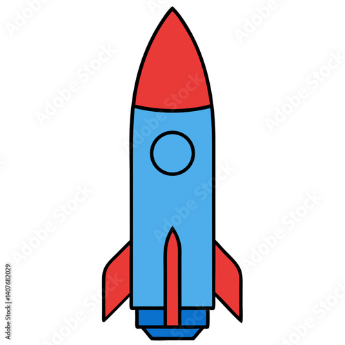 A vibrant red and blue rocket ship embarking on a thrilling space adventure, ready for liftoff with bold outlines and simple design.