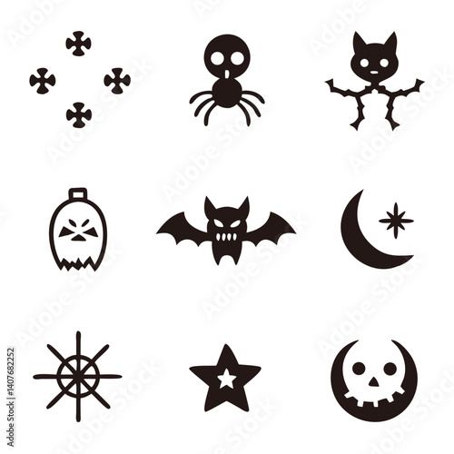 Playful Halloween icons: spooky bats, grinning pumpkins, creepy spiders, and a mischievous cat skeleton in bold black silhouettes against a white background.