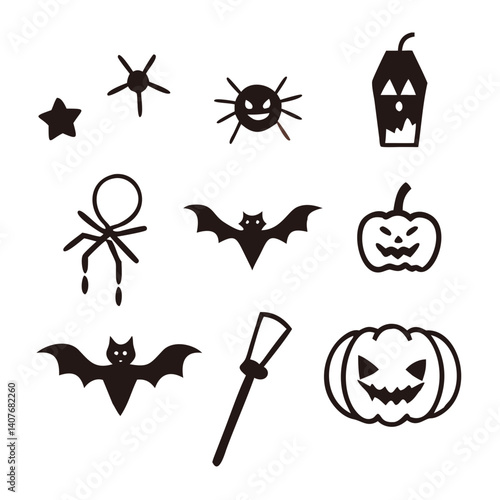 Playful Halloween icons featuring spooky bats, grinning pumpkins, and creepy spiders, all in a simple, bold black silhouette style.