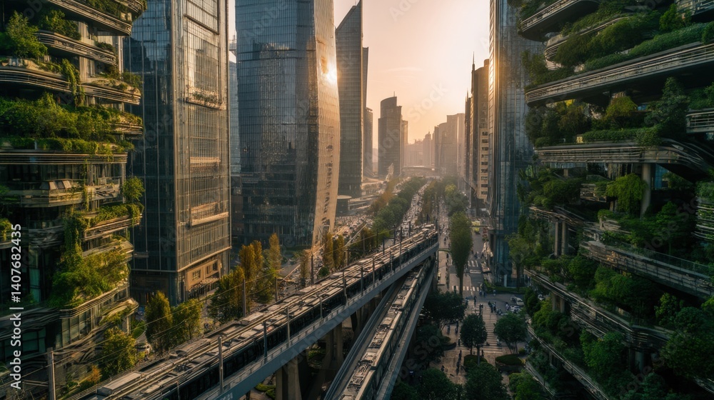 Obraz premium Eco-Friendly Vertical Gardens on Modern Skyscrapers with Solar Panels and Green Skybridges, Electric Tram Commuting Below in Golden Hour Sustainable Cityscape