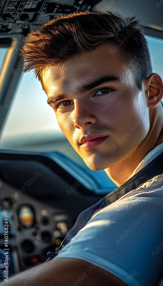 Portrait of young male pilot in cockpit showcases high level of concentration and professionalism in aviation setting : Generative AI