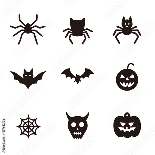 Spooky Halloween silhouettes: bats, spiders, pumpkins, and a skull, creating a playfully eerie atmosphere with bold black icons on a white background.