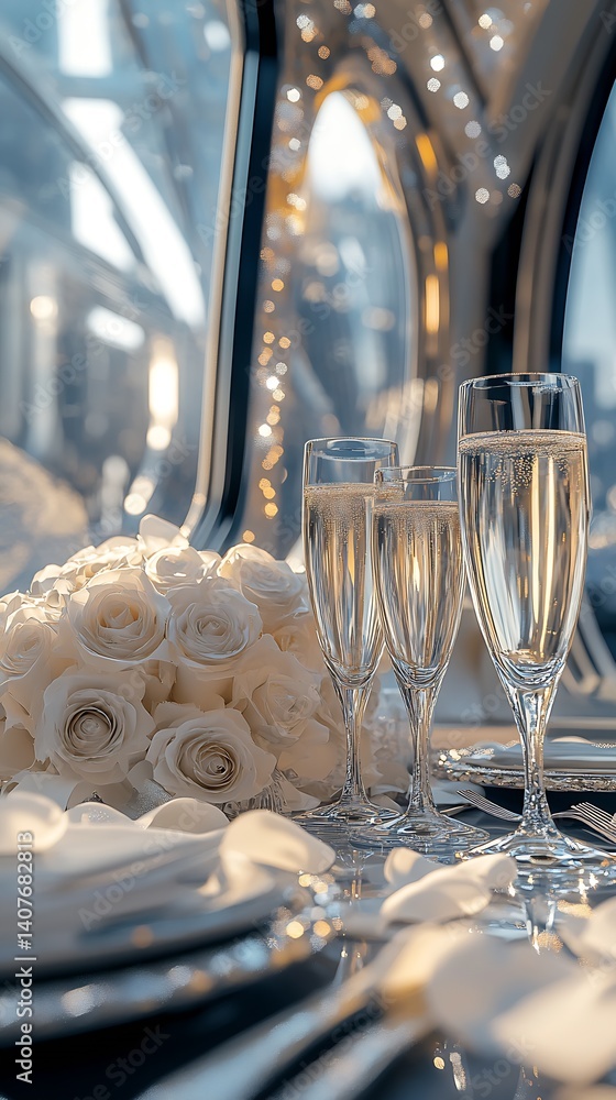 Elegant table setting with champagne flutes and white roses in a luxurious setting : Generative AI