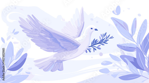 White peace dove flying through abstract leaves and soft wind


