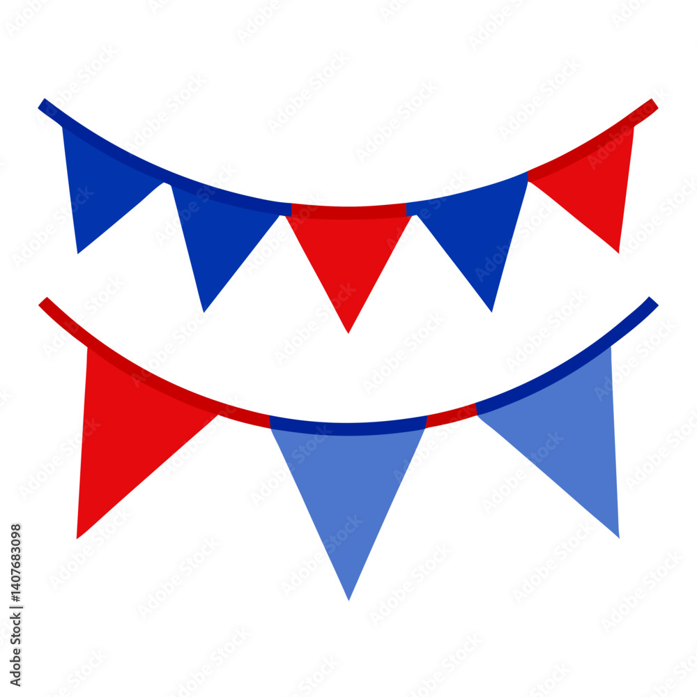Fototapeta premium Festive red and blue triangular bunting strung playfully, celebrating a joyous occasion with a vibrant and cheerful design.