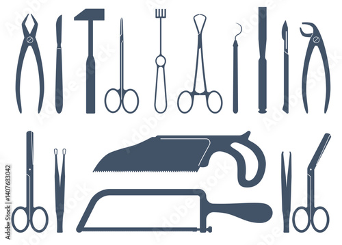 Surgical instrument silhouette set. Medical equipment, different scalpels, expanders and saws for operation. Surgery clamps, forceps and scissors. Amputation tools. Vector objects