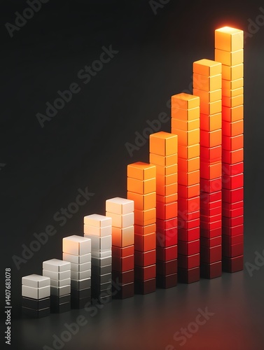 A sequence of vertical shapes increasing in height and changing from light to dark shades. Business growth information displayed as a colorful 3d graph on a tablet for study