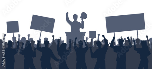 Obraz na płótnie Silhouettes people at political rally. People with banner and placard. Politician speaks into megaphone on platform. Protesting crowd on demonstration. Isolated background. Vector concept w salonie