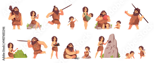 Primitive people characters. Stone age cavemen, men warrior with weapon, women and kids in animal skins, hunting, gathering and everyday life, cartoon flat style isolated tidy vector set