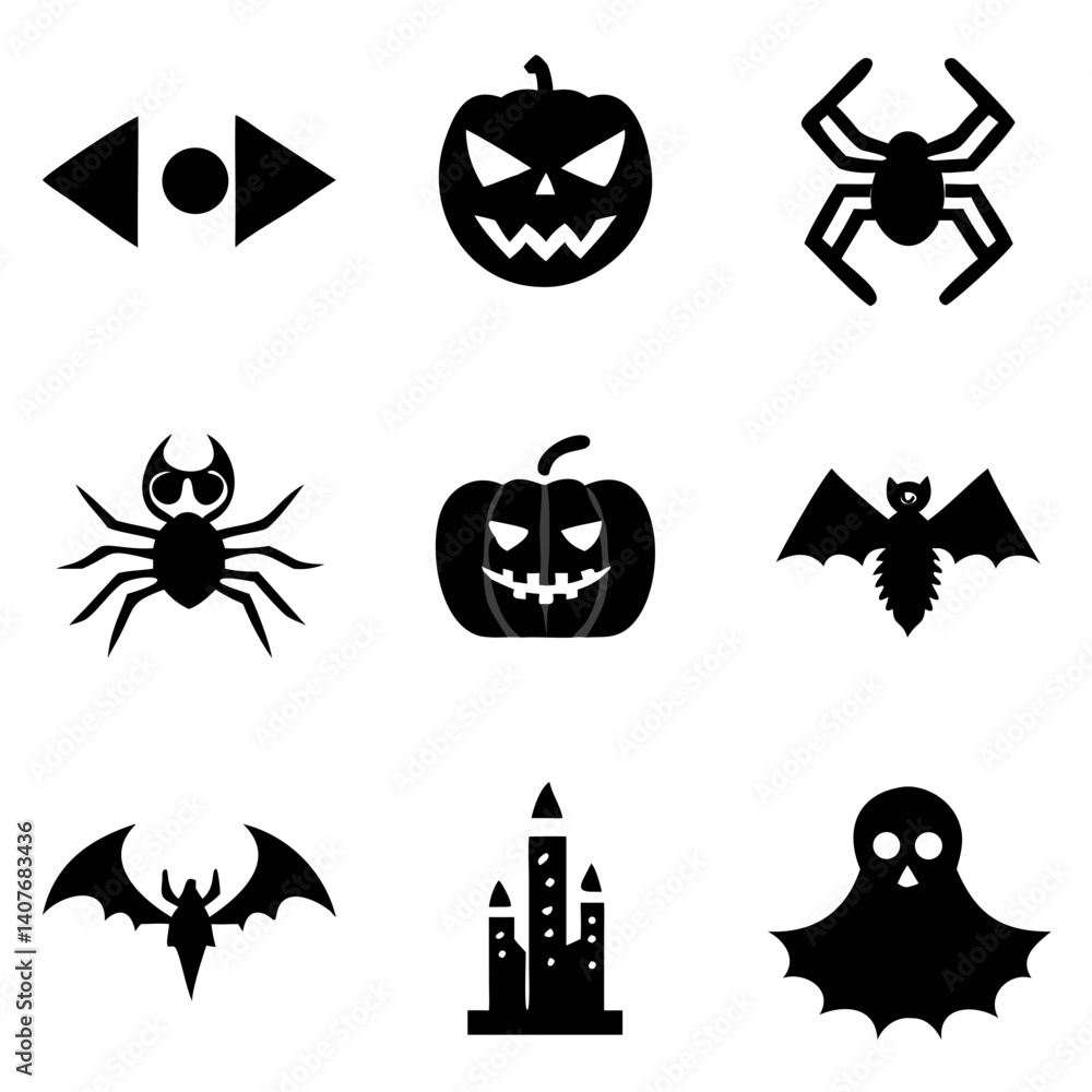 Obraz premium Spooky Halloween icons featuring grinning pumpkins, creepy spiders, and fluttering bats in bold black silhouettes on a white background.