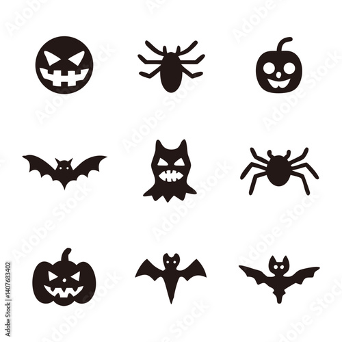 Spooky Halloween icons featuring grinning pumpkins, creepy bats, and menacing spiders in a simple, bold black silhouette style.