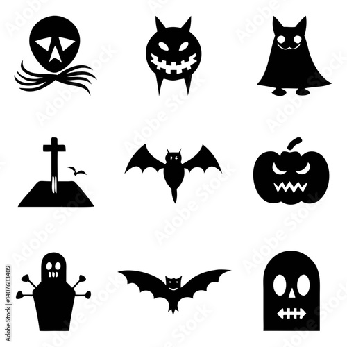 Spooky Halloween icons: grinning monsters, bats, a haunted pumpkin, and a tombstone, all in bold black silhouettes against a stark white background.