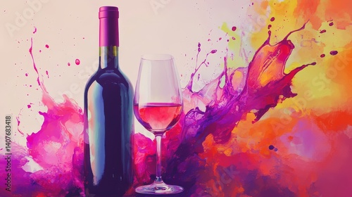 Abstract Artistic Wine Bottle & Glass Splash: Colorful Background Celebrating Red Wine & Sommelier Lifestyle