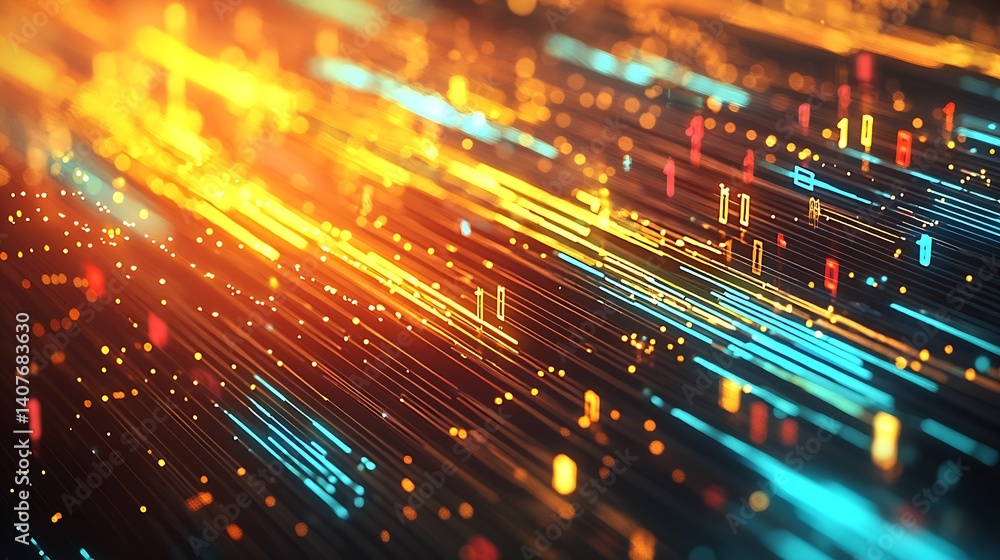 Vibrant abstract image showcasing glowing lines and dots in orange and blue colors conveying a dynamic and energetic feel : Generative AI