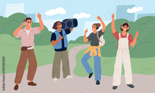 Friends group on walk listening music. Happy young people with headphones, speaker, joyful melomans in city park, podcast on nature, cartoon flat style isolated garish vector concept