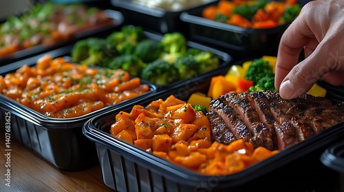 Obraz na płótnie Wholesome meal prep featuring grilled steak with vibrant side dishes and fresh vegetables in containers : Generative AI w salonie