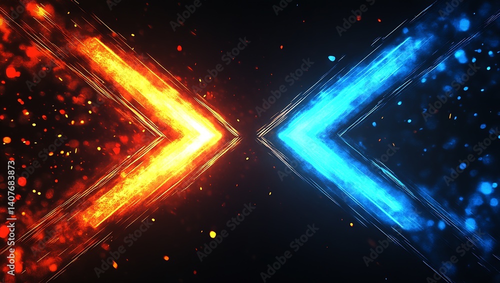 Striking representation of fire and ice arrows in a powerful clash with bright sparks on a dark background : Generative AI