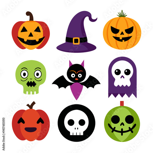 A playful collection of Halloween icons featuring grinning pumpkins, spooky skulls, a mischievous bat, and a witch's hat, all in a bold, flat graphic style.