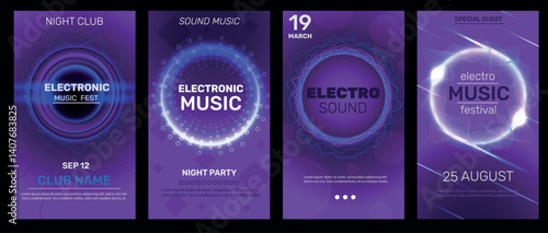 Circle sound waves. Night club invitation posters, electronic techno sound round diagrams, radial musical frequencies, disco party banner, glowing abstract background, qualitative vector set