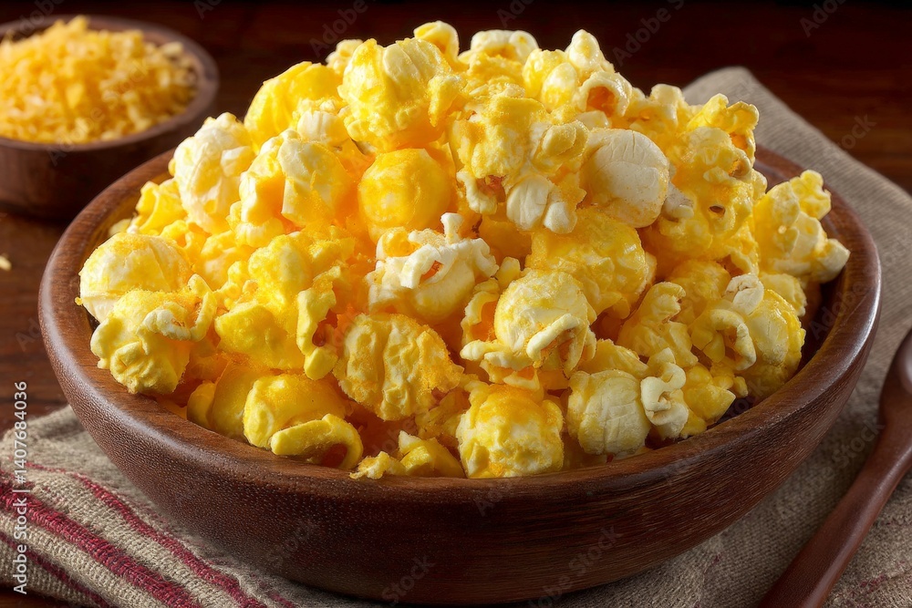 Freshly popped popcorn with cheese flavor served in a wooden bowl on a rustic table Freshly popped popcorn with cheese flavor served in a wooden bowl on a rustic table