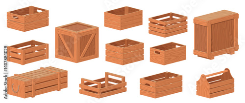 Cartoon wooden boxes. Different types empty isometric containers, isometric timber caskets, delivery crates, cargo product packages, isolated transportation packaging, nowaday vector set