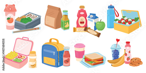 Cartoon school lunchboxes. Plastic containers with foods, juice and beverage bottles and thermoses, packed lunch or snack, homemade sandwiches and salad isolated compositions, recent vector set