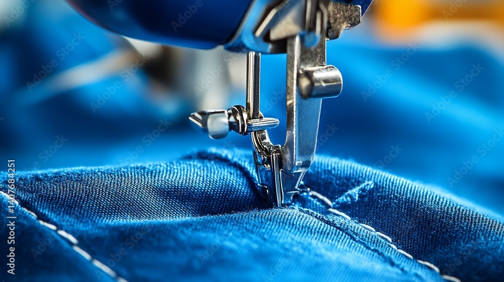 Close Up of a Sewing Machine Needle Stitching Blue Fabric with Precision and Care : Generative AI