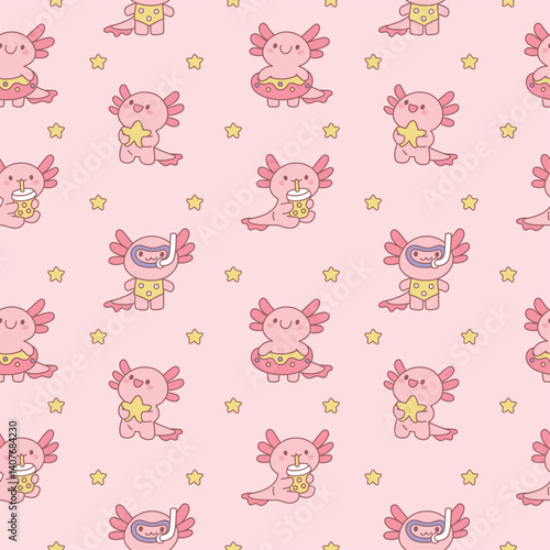 Axolotls seamless pattern. Funny baby amphibian, repeated kawaii animal, cartoon kids mascot pink cute ambystoma, childish textile, wrapping, wallpaper. Print for fabric garish vector background