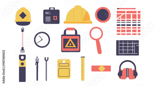 Vector illustration of various safety measures, including protective equipment, warning signs, and hazard symbols, designed to promote workplace safety, personal protection, and accident prevention