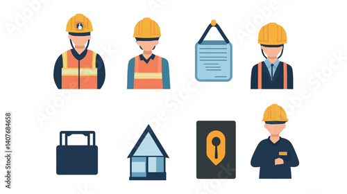 Vector illustration of various safety measures, including protective equipment, warning signs, and hazard symbols, designed to promote workplace safety, personal protection, and accident prevention