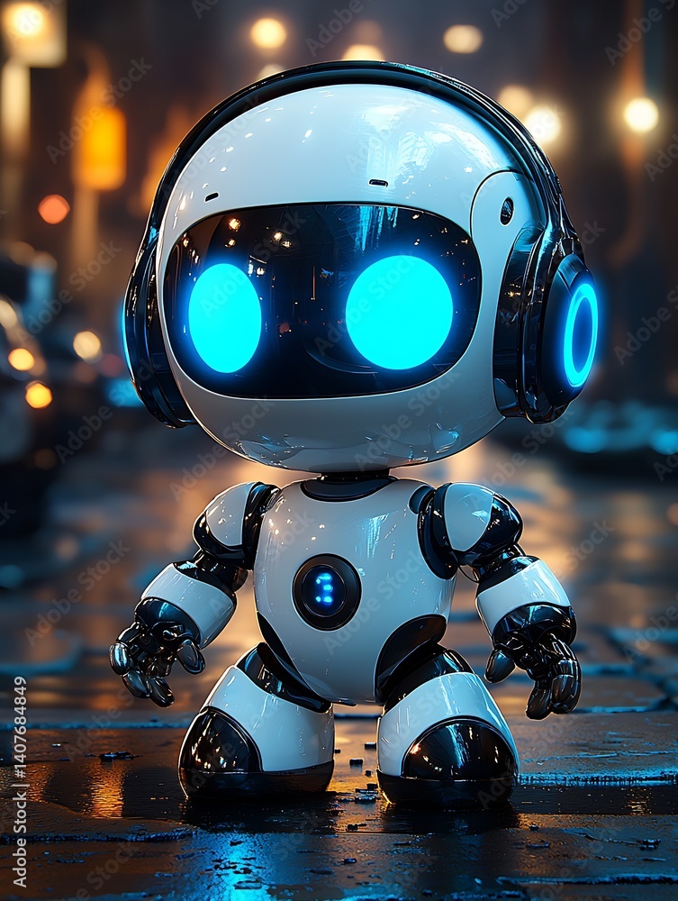 Adorable Blue Eyed Robot with Headphones Awaits in Glowing City Street : Generative AI