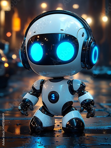 Obraz na płótnie Adorable Blue Eyed Robot with Headphones Awaits in Glowing City Street : Generative AI w salonie
