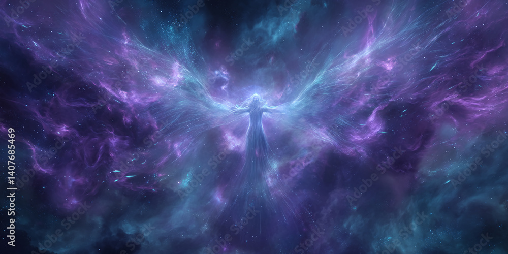 Luminous figure with ethereal wings amidst a purple and teal nebula, symbolizing spirituality, cosmic energy, and divine presence Ideal for fantasy, spirituality, or cosmic themes Luminous figure with ethereal wings amidst a purple and teal nebula, symbolizing spirituality, cosmic energy, and divine presence Ideal for fantasy, spirituality, or cosmic themes