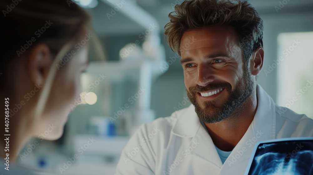 Doctor discussing an X-ray with a patient in a modern medical office during daylight hours Doctor discussing an X-ray with a patient in a modern medical office during daylight hours