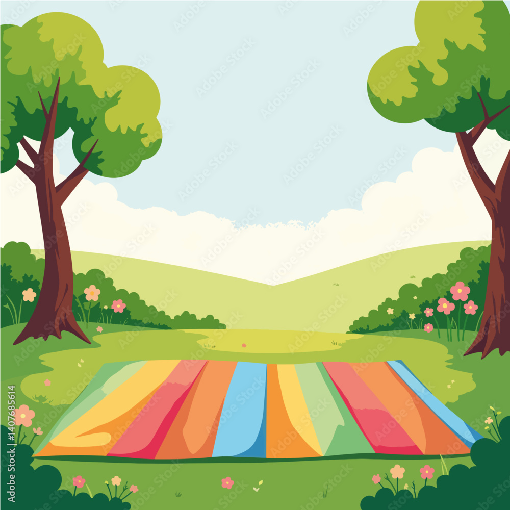 Fototapeta premium Colorful picnic blanket in sunny outdoor garden, joyful relaxation