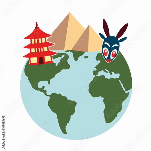 Colorful globe featuring cultural symbols, global diversity