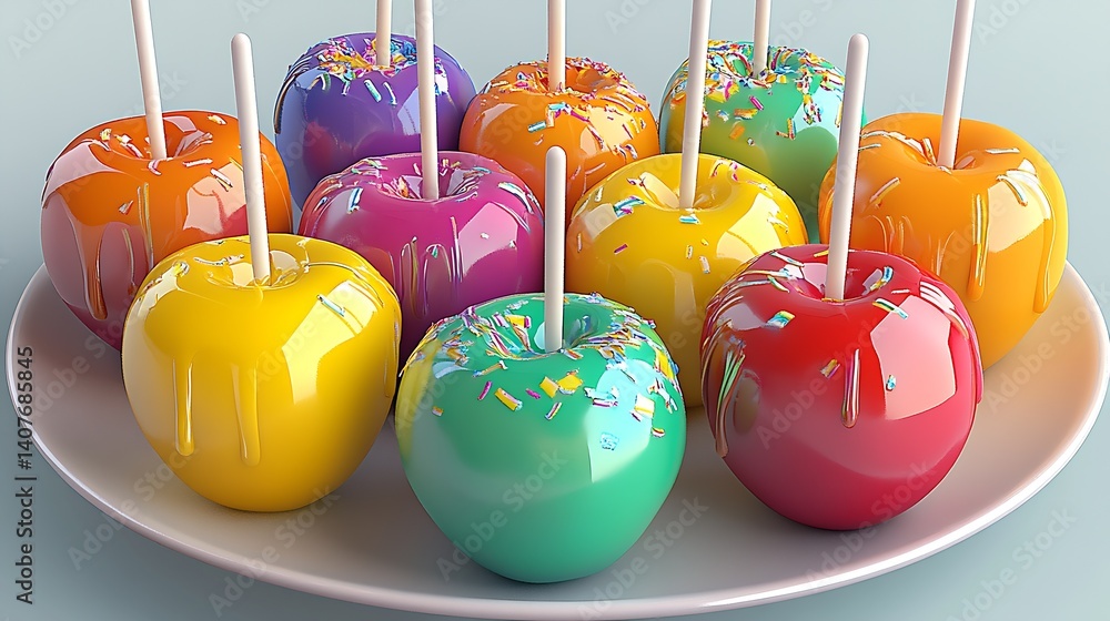 Artisan Candy Coated Apples with Bright Colors Sprinkled on a Plate Perfect for Gourmet Treats : Generative AI