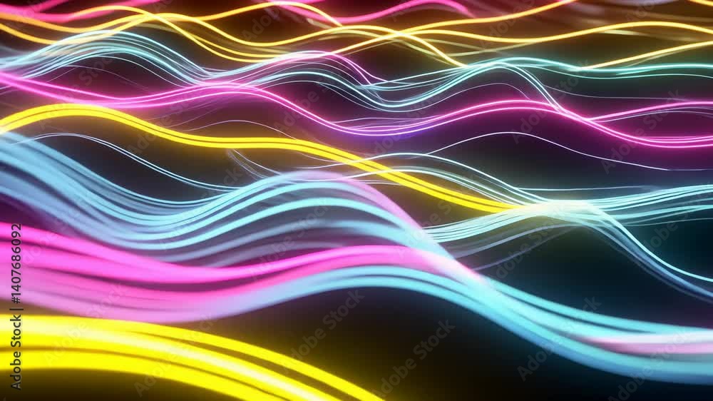 Vibrant neon waves on a grid surface with fluid light trails.