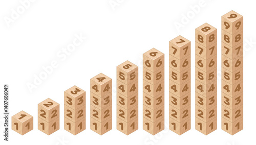 Wooden cube children learning set. Counting numbers, math lessons for kids, bricks towers, playful block form of mathematical education, qualitative vector concept isolated on white background