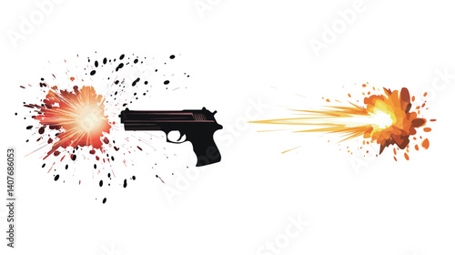 Muzzle flash effect isolated on black background, dramatic explosion of light and fire from firearm, showcasing intense energy and action in high definition, symbolizing strength and power in combat 