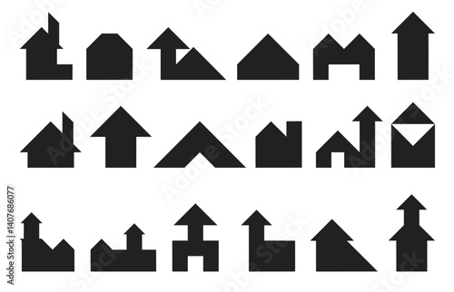 Tangram building black silhouette. Geometric puzzle, simple shapes, brain development game, houses transformation, squares and triangles, kids education, jigsaw isolated qualitative vector set